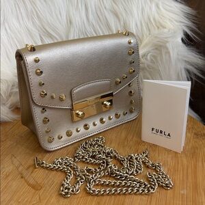 Furla Julia Metropolis Metallic Gold Studded Saffiano Chain Crossbody Bag Clutch